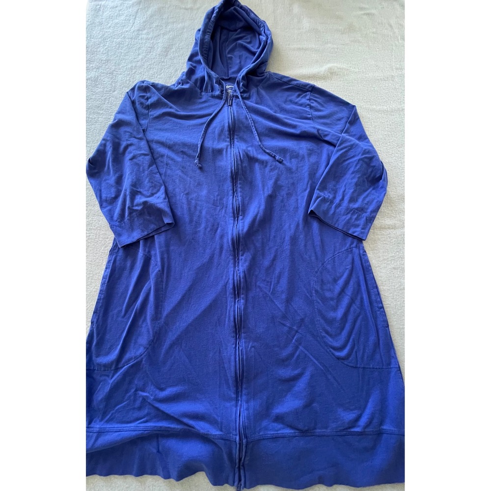 LL Bean Womens Blue 100% Cotton Full Zip Hooded long Cardigan Pockets Size M REG